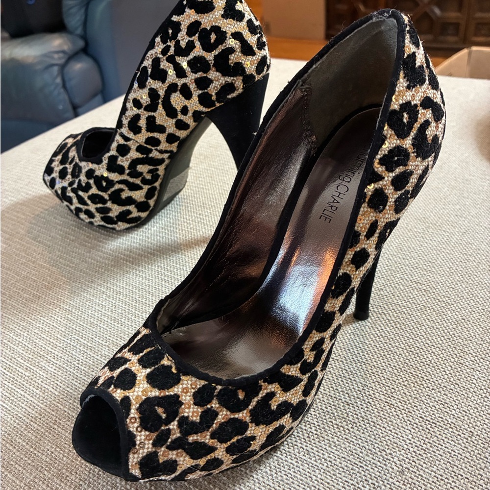 Charming Charlie Black and Tan Leopard Heels